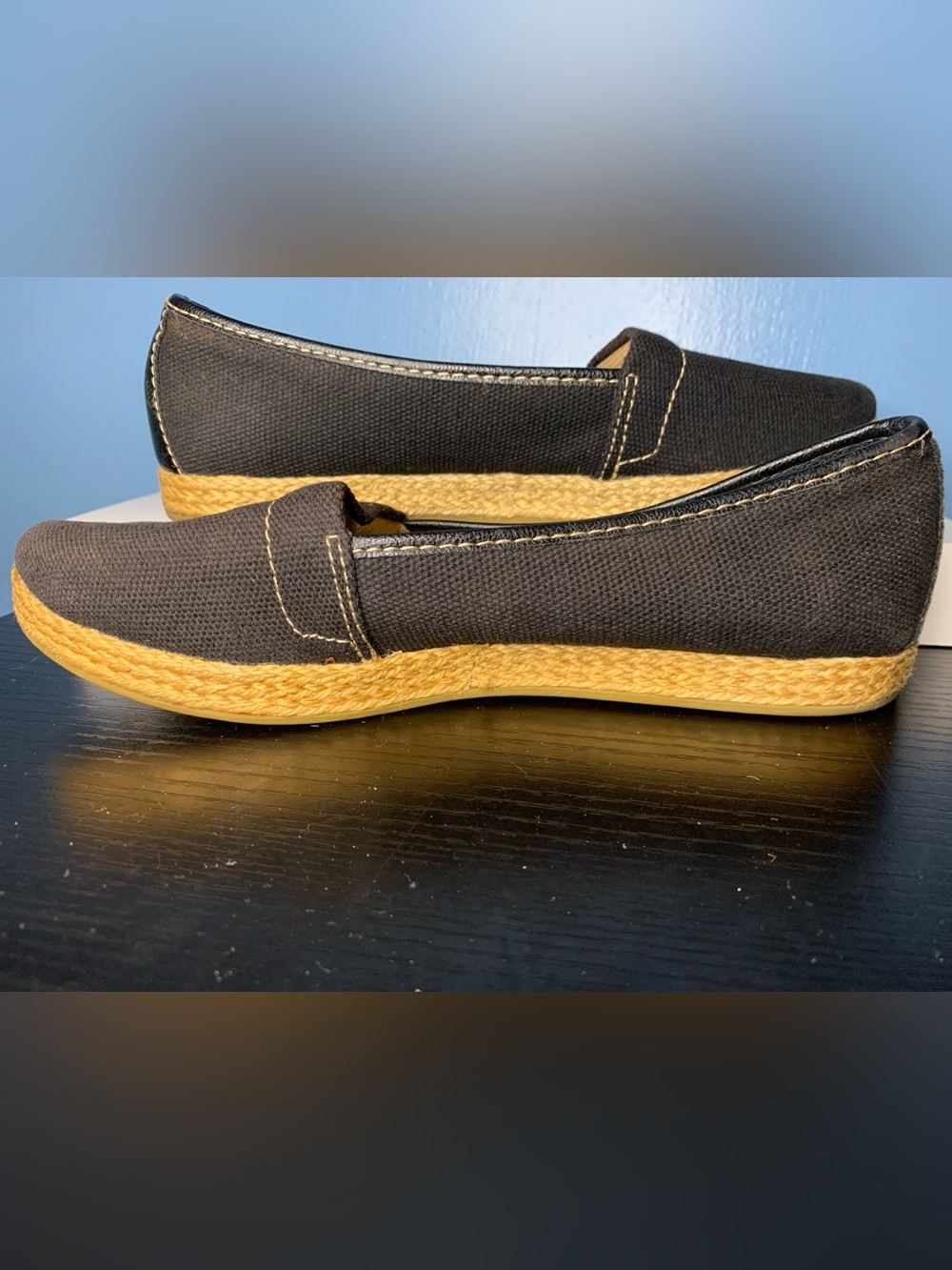 boc Black Canvas Slip-On Loafers with Tan Espadrille Sole